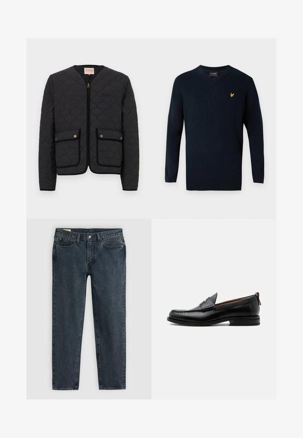 Veste matelassée noire avec fermeture éclair à l'avant, deux poches avant et un col rond. Caractéristiques de quincaillerie dorée et garniture noire contrastante autour des poches.; Pull en v-nue bleu marine en tissu doux, avec des manches longues et un petit logo brodé jaune sur la poitrine à gauche.; Jean en denim bleu foncé avec une coupe droite, cinq poches et une fermeture à bouton. Un léger délavage ajoute de la texture au tissu.; Mocassin homme en cuir noir avec couture moc toe, bride penny, col texturé et petit talon empilé sur fond blanc.