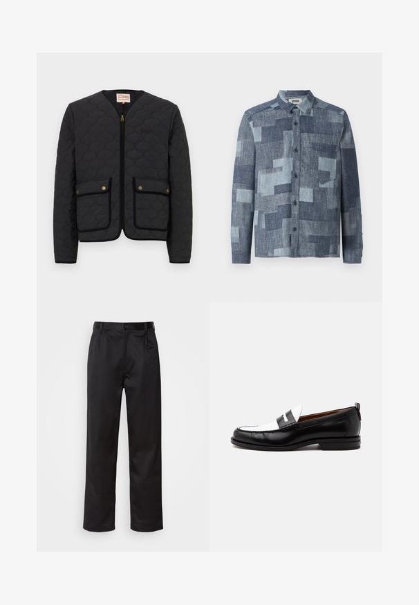 Chaqueta negra acolchada con cremallera frontal, dos bolsillos delanteros y cuello redondo. Presenta herrajes dorados y un ribete negro contrastante alrededor de los bolsillos.; DRYKORN DIEGGO - Camisa - blue; Pantalones negros de tela suave, con cierre delantero de botón, pliegues y patas rectas. Sin patrones ni acentos visibles.; Mocasín de cuero blanco y negro con detalles cosidos, tacón bajo y diseño tipo slip-on, mostrado de lado sobre un fondo liso.