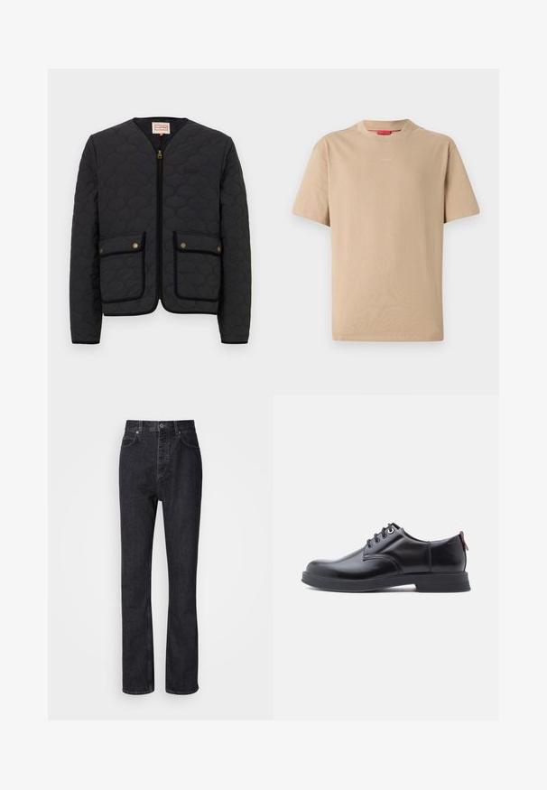 Chaqueta negra acolchada con cremallera frontal, dos bolsillos delanteros y cuello redondo. Presenta herrajes dorados y un ribete negro contrastante alrededor de los bolsillos.; Camiseta de algodón beige con mangas cortas, escote redondo y sutil logo "HUGO" en el centro. Textura suave, corte relajado.; Jeans de mezclilla negros de cintura alta con cierre de botón y cremallera, bolsillos frontales y traseros, y corte recto.; Zapatos de piel negra con cordones, textura lisa, puntera redondeada y detalles sutiles de costura. Cuentan con una lengüeta roja en el talón.