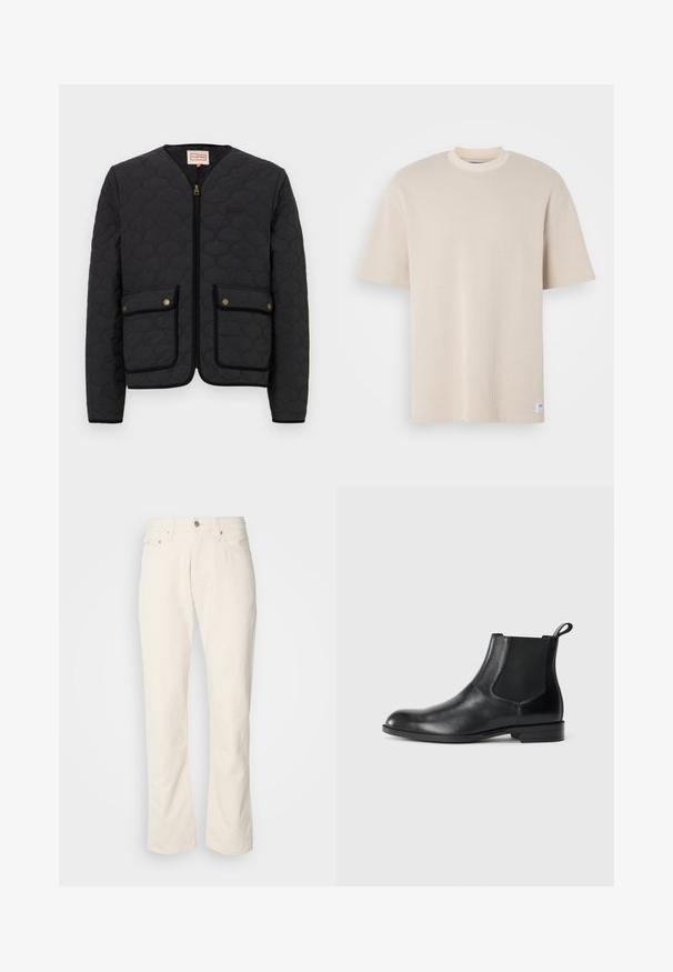 Veste matelassée noire avec fermeture éclair à l'avant, deux poches avant et un col rond. Caractéristiques de quincaillerie dorée et garniture noire contrastante autour des poches.; T-shirt beige à côtes avec un col rond et des manches courtes, avec une étiquette de marque visible en bas à gauche.; Jeans en coton beige avec un design classique à jambe droite, comportant une fermeture à bouton à l'avant, cinq poches et des détails de couture subtils.; Bottine en cuir noir avec des panneaux latéraux élastiques, bout rond et tirette. Texture lisse, semelle plate, design minimaliste.