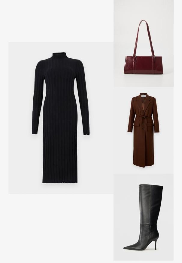Long manteau en laine marron avec col à revers, boutons sur le devant, ceinture à nouer à la taille et deux poches à rabat devant, présenté sur fond blanc.; Robe midi noire en tricot côtelé à manches longues, col montant et silhouette ajustée, sur un fond gris clair.; Botte noire en cuir, hauteur genou, avec bout pointu et talon aiguille fin, texture lisse, profil latéral sur fond neutre.; Sac à main bordeaux en matériau brillant, de forme rectangulaire, avec deux anses et des accents légèrement courbés à l'avant.