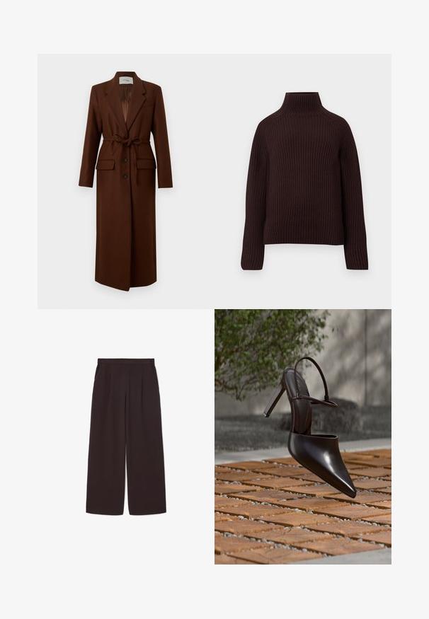 Long manteau en laine marron avec col à revers, boutons sur le devant, ceinture à nouer à la taille et deux poches à rabat devant, présenté sur fond blanc.; Pull en maille côtelée marron foncé avec col roulé, manches longues et coupe légèrement oversize sur un fond uni.; Pantalons larges en brun foncé en tissu léger, avec une taille haute, des plis et deux poches latérales, dotés d'une ceinture élastique.; Mule noire brillante à talons hauts avec bout pointu et bride à la cheville, suspendue au-dessus d'une surface carrelée en terre cuite avec des interstices remplis de gravier.