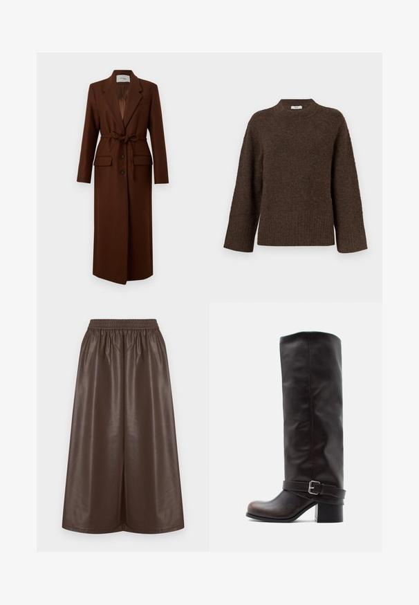 Long manteau en laine marron avec col à revers, boutons sur le devant, ceinture à nouer à la taille et deux poches à rabat devant, présenté sur fond blanc.; Pull en maille marron avec un col montant, des manches larges, un ourlet côtelé et une texture douce. Présente une coupe décontractée et un design minimaliste.; Jupe en simili cuir marron avec une ceinture élastique, un design à jambes larges et une texture lisse et brillante. Sans motifs ni ornements.; Botte montante en cuir brun foncé avec bout arrondi, petit talon bloc, et sangle décorative avec boucle argentée près de la cheville.