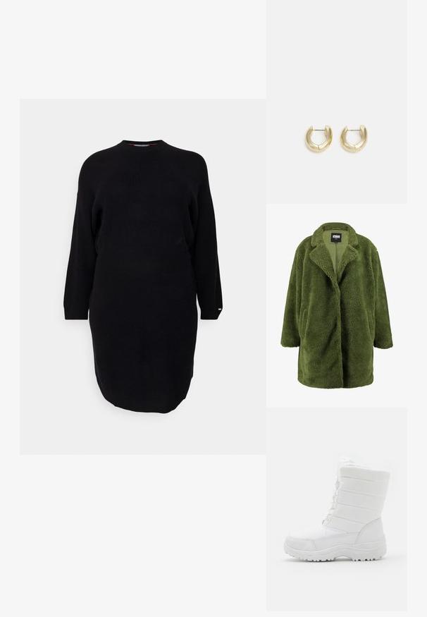 Olive rohelise fliiskattega mantel, millel on soonikuga krae, avatud eesmine osa ja kaks küljetaskut. Pehme, tekstuuriga välimus pakub soojust ja mugavust.; Tommy Hilfiger Curve WAISTED DRESS - Kampsunkleit - black; Valged veekindlad talvetsaapad padjast ülemisest osast, tekstuurse disainiga, reguleeritavad lipsud ja robustne kummist tald, mis tagab haarde.; Kuldkattega rõngaskõrvarõngad sujuva, poleeritud viimistlusega. Omavad poolringikujulist vormi ja turvalist postikinnitust.