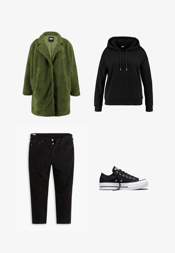 Olivgrüner Fleece-Mantel mit eingeschnittenem Kragen, offener Front und zwei Seitentaschen. Die weiche, strukturierte Außenseite sorgt für Wärme und Komfort.; Schwarzer Kapuzenpullover mit lockerer Passform, Kordelzug am Hals, langen Ärmeln, gerippten Bündchen und Saum. Aus weichem, strukturiertem Stoff gefertigt.; Schwarze Jeanshose mit geradem Bein. Verfügt über fünf Taschen, Metallknopfverschluss und orangefarbene Nähtigkeiten. Aus Baumwollmaterial.; Schwarzer Canvas-Sneaker in Low-Top-Form mit weißer Gummisohle auf Plateau, schwarzen Schnürsenkeln und Metallösen vor weißem Hintergrund.