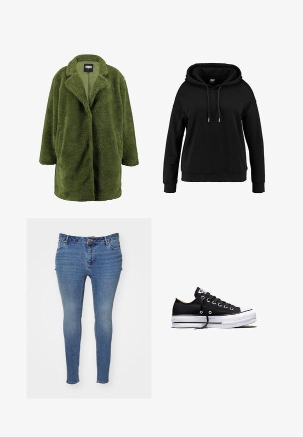 Olivgrüner Fleece-Mantel mit eingeschnittenem Kragen, offener Front und zwei Seitentaschen. Die weiche, strukturierte Außenseite sorgt für Wärme und Komfort.; Schwarzer Kapuzenpullover mit lockerer Passform, Kordelzug am Hals, langen Ärmeln, gerippten Bündchen und Saum. Aus weichem, strukturiertem Stoff gefertigt.; Schmale blaue Jeans aus Denim mit einem gewaschenen Finish. Verfügt über ein Fünf-Taschen-Design und einen Knopfverschluss an der Taille.; Schwarzer Canvas-Sneaker in Low-Top-Form mit weißer Gummisohle auf Plateau, schwarzen Schnürsenkeln und Metallösen vor weißem Hintergrund.