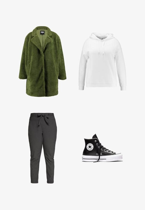 Olivgrüner Fleece-Mantel mit eingeschnittenem Kragen, offener Front und zwei Seitentaschen. Die weiche, strukturierte Außenseite sorgt für Wärme und Komfort.; Weißer Hoodie mit lockerer Passform, Kordeln an der Kapuze, gerippten Bündchen und Saum. Aus weichem Stoff mit glatter Textur gefertigt.; Dunkelgraue Hose mit einem Taillenzug, schmal zulaufendem Bein, frontalen Taschen und umgeschlagenen Säumen. Glatte Textur mit einem dezenten Muster.; Schwarzer Converse Chuck Taylor All Star High-Top-Sneaker mit weißer Gummisohle und Logo-Aufnäher am Knöchel, dargestellt vor weißem Hintergrund.