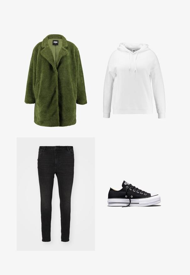 Olivgrüner Fleece-Mantel mit eingeschnittenem Kragen, offener Front und zwei Seitentaschen. Die weiche, strukturierte Außenseite sorgt für Wärme und Komfort.; Weißer Hoodie mit lockerer Passform, Kordeln an der Kapuze, gerippten Bündchen und Saum. Aus weichem Stoff mit glatter Textur gefertigt.; Vero Moda Curve Skinny fit VMCFLASH Mid rise - Jeans Skinny Fit - black denim; Schwarzer Canvas-Sneaker in Low-Top-Form mit weißer Gummisohle auf Plateau, schwarzen Schnürsenkeln und Metallösen vor weißem Hintergrund.