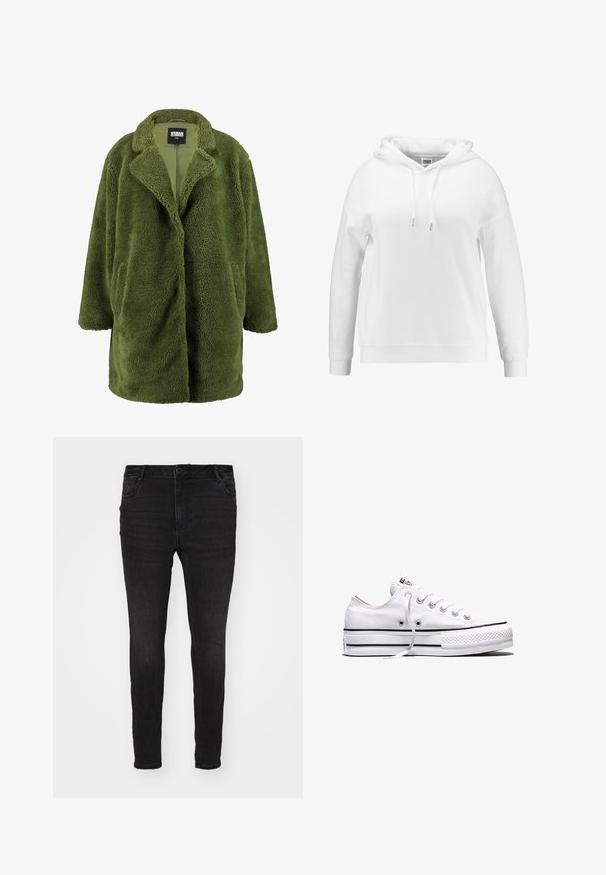 Olijfgroen fleecejack met een notch-kraag, open voorkant en twee zijzakken. Zachte, gestructureerde buitenkant biedt warmte en comfort.; Witte hoodie met een losse pasvorm, trekkoorden aan de capuchon, ribgebreide manchetten en onderrand. Gemaakt van zachte stof met een gladde textuur.; Vero Moda Curve Skinny fit VMCFLASH Mid rise - Jeans Skinny Fit - black denim; Witte lage canvas sneaker met witte veters, zwarte strepen op de zool en een rubberen, getextureerde neuskap, zijaanzicht op een witte achtergrond.