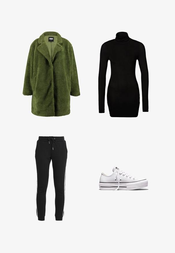 Olijfgroen fleecejack met een notch-kraag, open voorkant en twee zijzakken. Zachte, gestructureerde buitenkant biedt warmte en comfort.; Zwarte langemouwen turtleneck top in een aansluitend ontwerp. Zachte, rekbare stof met een hoge, opgerolde kraag en strakke mouwen.; Zwarte joggingsbroek van zacht materiaal met een taps toelopende pasvorm, voorzien van een trekkoord in de taille en witte zijstrepen. Inclusief zakken.; Wit lage canvas sneaker met witte veters, rubberen zool, zwarte streepdetails en logopatch op de tong en hiel.
