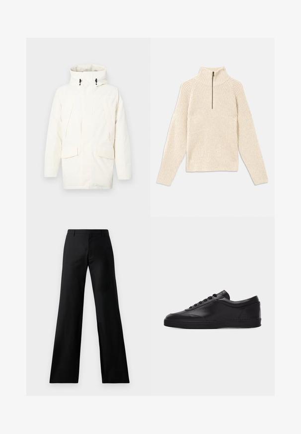 Veste à capuche blanche avec fermeture éclair, deux poches avant et un tissu légèrement texturé. Comprend des cordons pour un ajustement.; Pull en crème à côtes avec un col montant et une fermeture éclair quart de zip à l'avant. Présente des manches longues et un tissu texturé, offrant un ajustement confortable.; Pantalons larges noirs fabriqués à partir d'un tissu lisse. Dotés d'une taille mi-haute et de plis à l'avant, offrant une silhouette ajustée.; Baskets basses en cuir noir avec lacets sur le devant et semelle en caoutchouc plate, vues de côté sur un fond blanc uni.