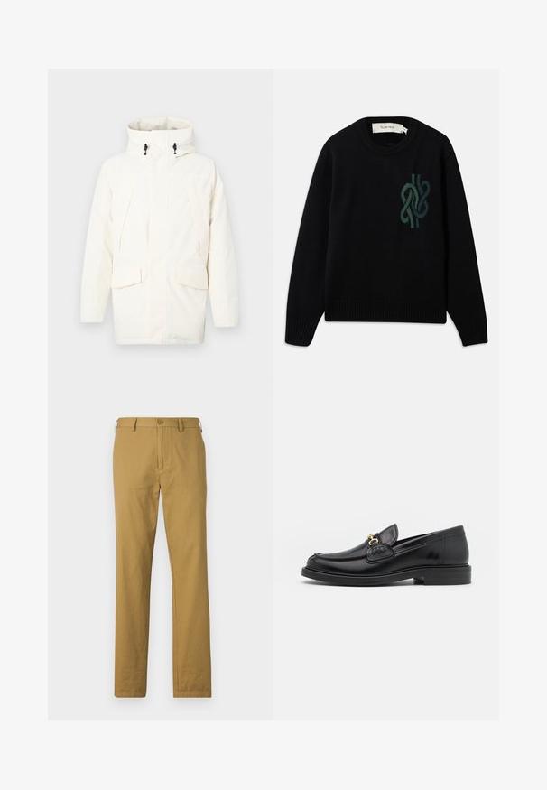 Hvid hættejakke med lynlås, to frontlommer og et let struktureret stof. Inkluderer toggles til justering.; Sort strikket sweater med rund hals og et grønt abstrakt knudedesign på brystet, med ribbede manchetter og kant.; Beige bomuldsbukser med lige snit, frontlommer og knaplukning. Glat tekstur og minimalistisk design, ingen synlige mønstre.; Sorte læder loafers med en rund tå, der har guld hardware accent og syningsdetaljer, placeret på en lav, tekstureret gummisål.