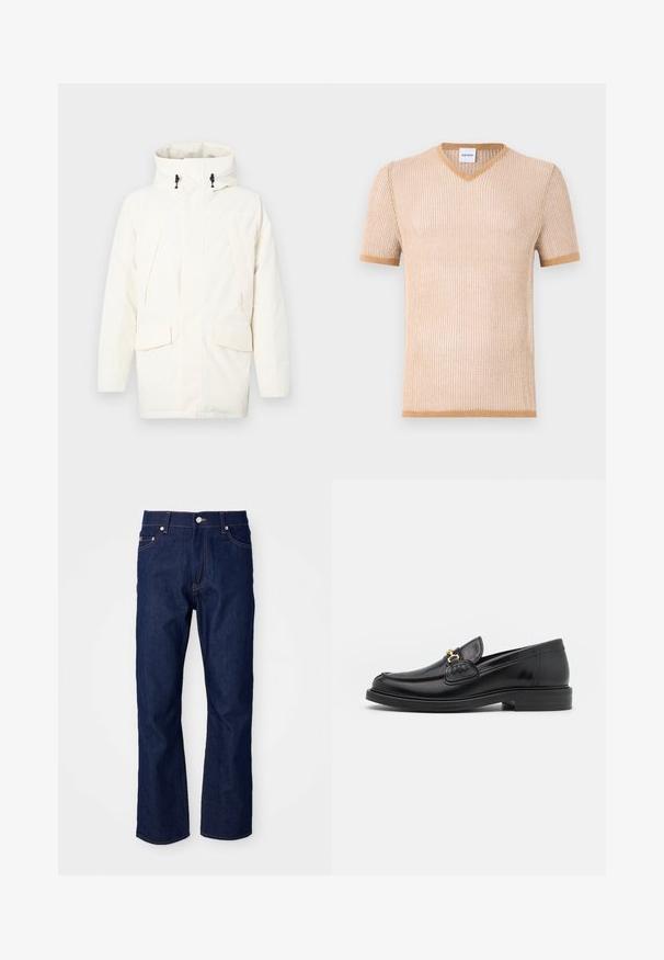 Veste à capuche blanche avec fermeture éclair, deux poches avant et un tissu légèrement texturé. Comprend des cordons pour un ajustement.; T-shirt beige en tricot à manches courtes et col en V avec une texture côtelée et des finitions contrastantes marron le long du col et des manches.; Jean en denim bleu foncé avec une coupe droite. Caractéristiques : cinq poches, couture orange et fermeture à bouton métallique à la taille.; Mocassins en cuir noir avec un embout rond, présentant des accents en métal doré et des détails de couture, montés sur une semelle en caoutchouc texturé et basse.