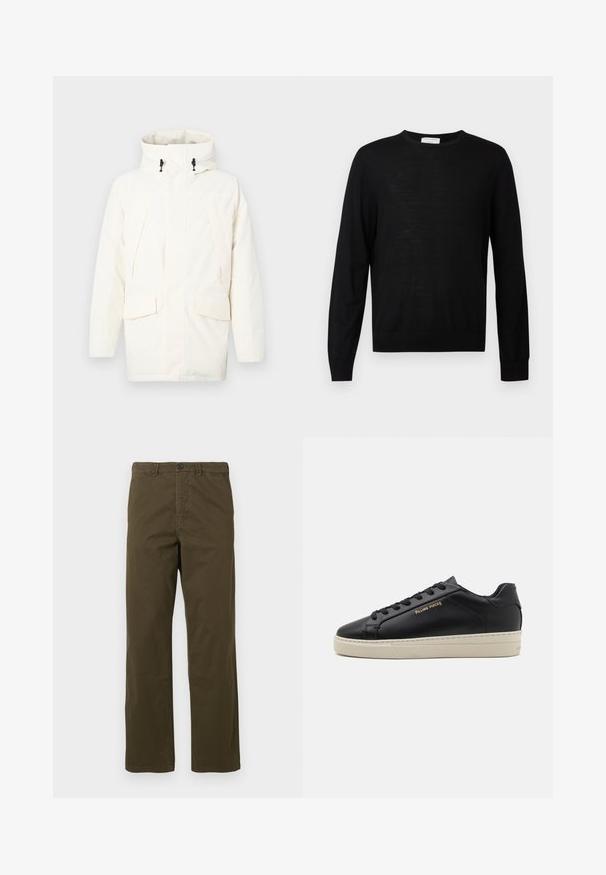 Witte hoodie met ritsluiting, twee voorzakken en een licht gestructureerde stof. Inclusief toggles voor aanpassing.; Zwarte longsleeve trui gemaakt van zachte stof, met een ronde halslijn, geribbelde manchetten en een rechte zoom. Minimalistisch ontwerp, zonder patronen.; Heren rechte bruine katoenen broek met riemlussen, knoop aan de voorkant en ritssluiting tegen een lichte achtergrond.; Zwarte leren sneaker met een gladde afwerking, contrasterende crèmekleurige zool, ronde neus, gouden logo aan de zijkant en zes gaatjes voor veters.