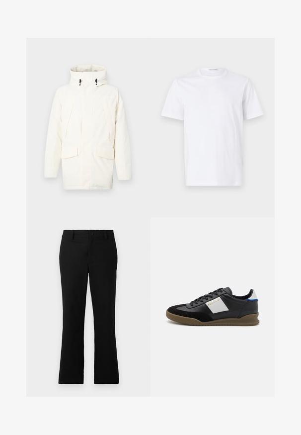 Hvid hættejakke med lynlås, to frontlommer og et let struktureret stof. Inkluderer toggles til justering.; Hvid bomulds t-shirt med rund halsudskæring og korte ærmer. Glat tekstur, lige snit og minimalistisk design uden mønstre eller accenter.; Sorte flagrende bukser lavet af en blanding af bomuldsstof, med knaplukning, bælteløkker og en glat tekstur uden synlige mønstre.; Sorte læder- og ruskinds sneakers med en grå panel, brun gummisål og blå detaljer på hælen. Har snørebånd og præget logo.