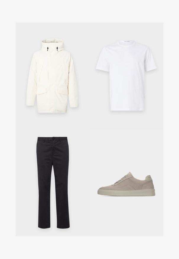 Hvid hættejakke med lynlås, to frontlommer og et let struktureret stof. Inkluderer toggles til justering.; Hvid bomulds t-shirt med rund halsudskæring og korte ærmer. Glat tekstur, lige snit og minimalistisk design uden mønstre eller accenter.; Sorte bomuldsbukser med lige ben-design, der har en knaplukning og bæltestropper. Glat tekstur, ingen synlige mønstre eller accenter.; Beige ruskindssneakers med en tekstureret finish, rund tå og tonale snørebånd. Har en tyk gummisål og diskret branding på hælen.