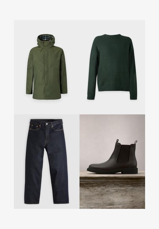Veste imperméable vert olive avec capuche, doublure intérieure à carreaux, poches latérales et boutons décoratifs sur le devant.; Pull en maille vert foncé à manches longues avec un col rond et des poignets et ourlet côtelés, présenté de dos sur un fond uni.; Jean en denim bleu foncé avec une coupe droite, cinq poches, des coutures orange contrastantes et une fermeture à boutons. Pas de motifs ou d'ornements visibles.; Bottines Chelsea en cuir noir avec des panneaux élastiques sur les côtés et des languettes, flottant au-dessus d'un banc en bois en extérieur avec un fond d'herbe.