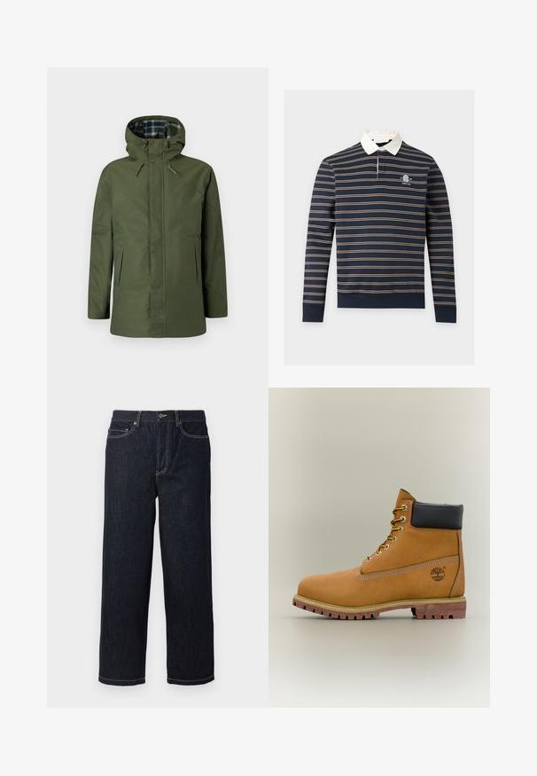 Veste imperméable vert olive avec capuche, doublure intérieure à carreaux, poches latérales et boutons décoratifs sur le devant.; Maillot de rugby bleu marine à manches longues avec fines rayures beiges horizontales, col blanc et petit logo "Sport Club" sur la poitrine.; Jean en denim droit bleu marine avec cinq poches et surpiqûres blanches contrastantes, fermeture à bouton et passants de ceinture.; Bottine en cuir marron avec col noir, lacets jaunes et semelle beige. Présente un logo et des détails de couture blanche. Semelle extérieure à traction robuste.
