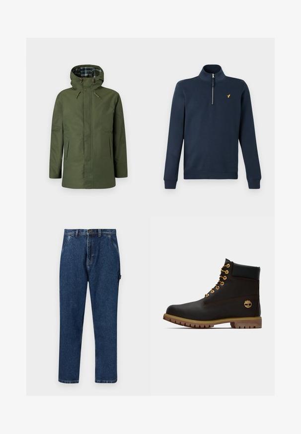 Veste imperméable vert olive avec capuche, doublure intérieure à carreaux, poches latérales et boutons décoratifs sur le devant.; Pull-over bleu marine à manches longues avec fermeture à glissière quart, petit logo d'oiseau jaune sur la poitrine gauche, poignets et ourlet côtelés.; Jean en denim bleu foncé à jambes droites avec poches avant, passants pour ceinture, fermeture par bouton et un détail en boucle sur le côté droit.; Bottine noire en cuir avec œillets dorés, accents marron et semelle en caoutchouc. Comprend un col rembourré et un logo estampé sur le côté.