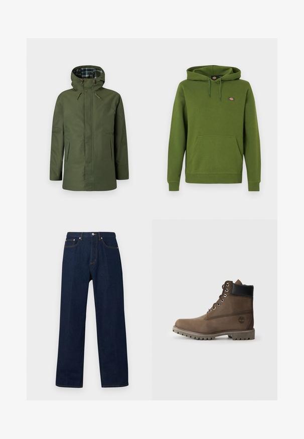 Veste imperméable vert olive avec capuche, doublure intérieure à carreaux, poches latérales et boutons décoratifs sur le devant.; Sweat à capuche vert en tissu doux, avec une poche kangourou et une capuche à cordon. Comprend un petit logo sur la poitrine.; Jean en denim bleu foncé à coupe droite, avec bouton sur le devant, fermeture éclair et style cinq poches sur un fond uni.; Bottines en cuir marron avec un col noir, œillets en métal et semelle grise robuste. Comprend un logo sur le côté et des détails cousus.
