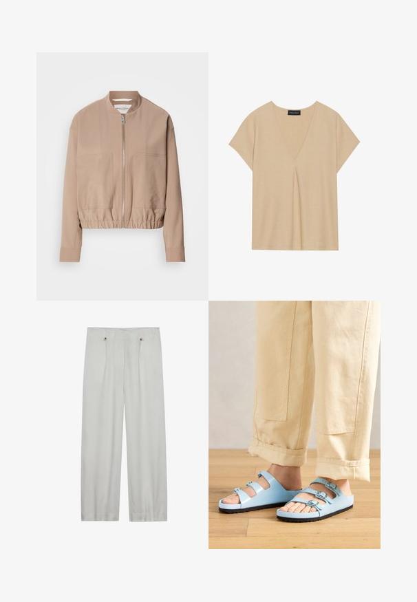 Beige bomberjakke lavet af letvægtsstof med lynlås, ribbet kant og to frontlommer. Høj kravedesign.; Beige top med V-hals og korte ærmer. Letvægts, struktureret stof med central plissédetalje. Enkel, afslappet design.; Lys grå, vid benbukser lavet af et blødt stof. Har to frontfolder, to knaplukninger og en glat tekstur.; Lysblå slidesandaler med tre justerbare stropper og sølvspænder; tekstureret sål og glat overflademateriale. Båret med opkrøllede beige bukser.