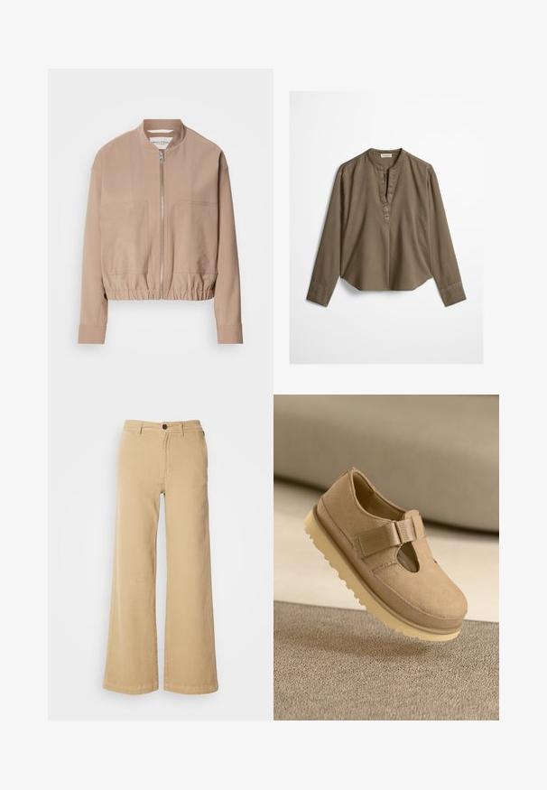 Chaqueta bomber beige hecha de tela ligera, con cierre de cremallera, dobladillo acanalado y dos bolsillos frontales. Diseño de cuello alto.; Blusa casual marrón de manga larga con cuello mandarín, pliegue delantero y dobladillo ligeramente curvado, extendida sobre un fondo blanco.; Pantalones de pierna ancha beige, fabricados en una mezcla de algodón, con cierre frontal de botón, lazos para cinturón y detalles cosidos a lo largo de las costuras.; Zapato de ante color marrón claro con punta redonda, correa ajustable y suela de goma con un patrón texturizado, flotando sobre una superficie.
