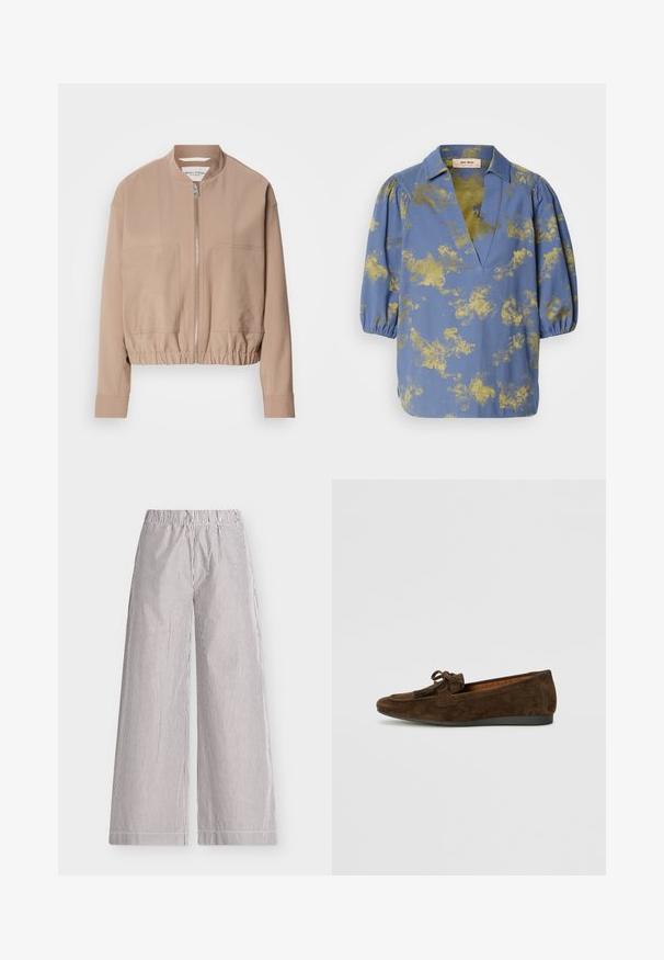 Beige bomber jacket valmistettu kevyestä kankaasta, jossa on vetoketjukiinnitys, ribbiohje ja kaksi etutaskua. Korkea kaulussuunnittelu.; Sininen pusero, jossa on kultainen abstrakti kuvio, kaulus ja puffahtavat hihat. Valmistettu sileästä kankaasta, jossa on rennon istuvuuden ja V-kaula-aukon muotoilu.; Leveälahkeiset housut, joissa on pystysuorat ohuet mustavalkoiset raidat, joustava vyötärönauha ja sivutaskut vaaleanharmaalla taustalla.; Ruske mokasiner i semishe, s zaobljenim vrhom, s malim mašnom na gornjem delu i teksturisanom gumiranom potplatom. Glatka unutrašnjost.