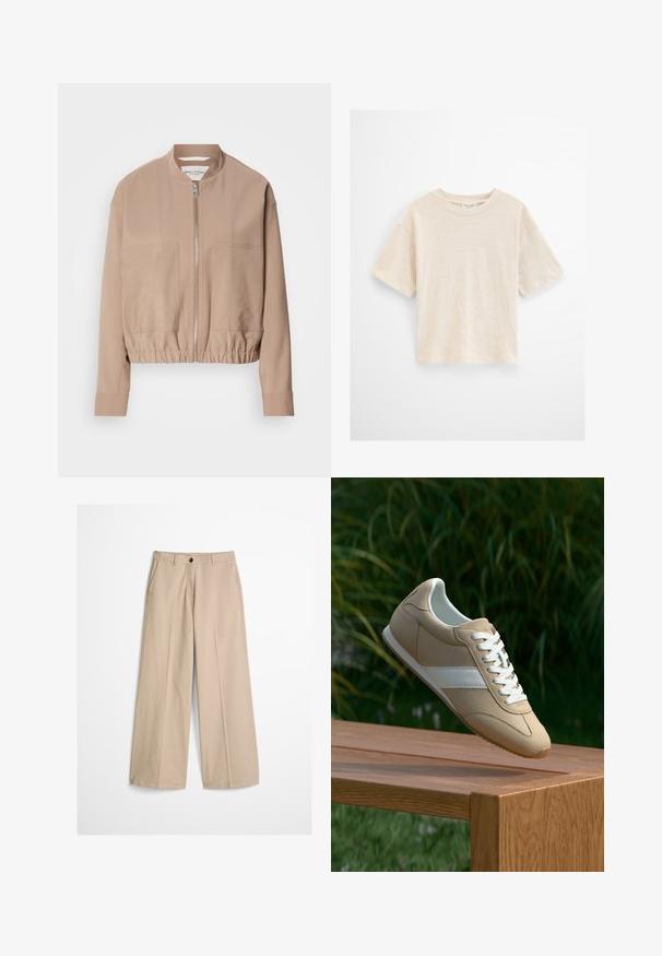 Beige bomberjakke lavet af letvægtsstof med lynlås, ribbet kant og to frontlommer. Høj kravedesign.; Flødefarvet T-shirt med korte ærmer og rund hals, løs pasform og subtil tekstur på en ensfarvet lys baggrund.; Beige bukser med vide ben, forfløj, bæltestropper, knaplukning og en lille stofmærke på højre side af linningen.; Beige sportssko med en glat ruskindsoverflade, hvide snørebånd og en kontrasterende hvid stribe. Minimalistisk design med afrundet tå og tekstureret sål.