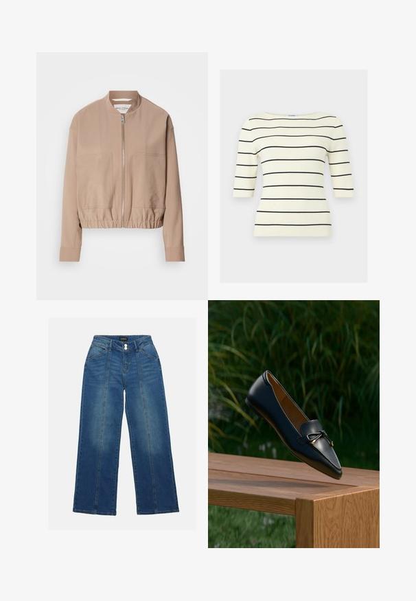 Beige bomber jacket valmistettu kevyestä kankaasta, jossa on vetoketjukiinnitys, ribbiohje ja kaksi etutaskua. Korkea kaulussuunnittelu.; Kermanvärinen ribbineulospaita, jossa mustat vaakaraidat ja kyynärtaipeeseen ulottuvat hihat, veneenmuotoinen pääntie.; Siniset leveälahkeiset farkut korkealla vyötäröllä, joissa on kaksi nappia, etutaskut ja kontrastiväriset ompeleet edessä.; Musta nahkainen loafer, jossa on rusetti, kelluu puisella penkillä, taustalla vihreää ruohoa ja kasveja.