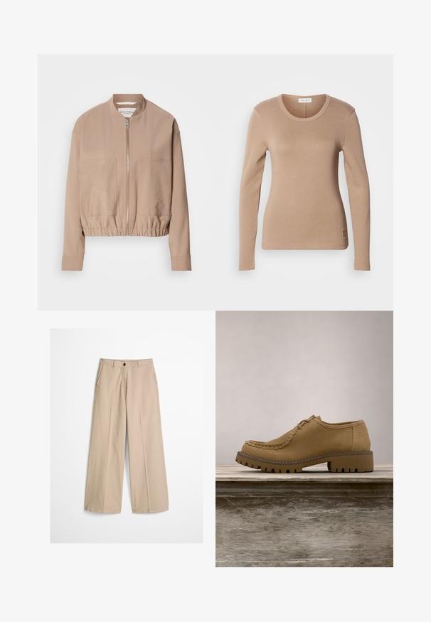 Veste bomber beige en tissu léger, dotée d'une fermeture éclair, d'une bordure côtelée et de deux poches avant. Design à col montant.; Haut à manches longues en beige clair, avec un col rond et une coupe slim. Fabriqué en tissu doux et extensible avec une texture subtile. Détail du logo sur l'ourlet.; Pantalon beige à jambes larges avec pli frontal, passants pour ceinture, fermeture par bouton et une petite étiquette en tissu sur le côté droit de la ceinture.; Chaussure beige en daim à lacets avec semelle épaisse et robuste survolant un banc en bois, sur fond d'herbe verte floue.