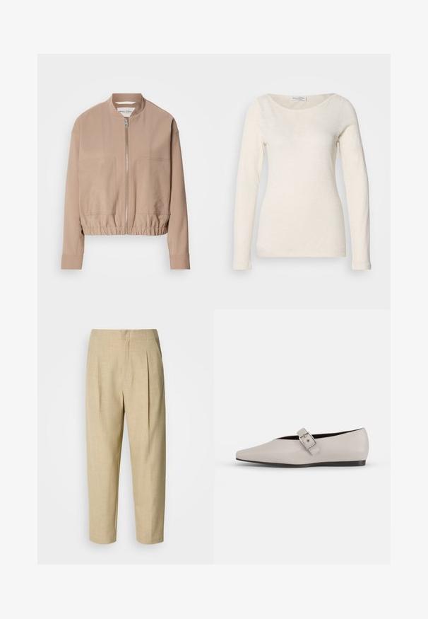 Beige bomberjakke lavet af letvægtsstof med lynlås, ribbet kant og to frontlommer. Høj kravedesign.; Langærmet, rundhalset top i off-white, lavet af et blødt, let stof med en glat tekstur og minimalistisk design.; Beige linnedragter med en afslappet pasform, der har læg foran, en talje og tapered ben, der slutter lige over anklen.; Beige læder flad sko med spidse tæer, en sidelukning som accent og en lav sort sål. Glat tekstur og minimalistisk design.