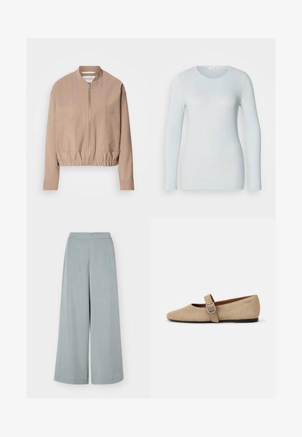 Beige bomberjakke lavet af letvægtsstof med lynlås, ribbet kant og to frontlommer. Høj kravedesign.; Lysblå langærmet T-shirt lavet af ribbet stof. Har en rund halsudskæring og en slim fit. Glat tekstur uden synlige mønstre eller pynt.; Lyseblå vidde bukser med høj talje og rene linjer, vist fladt på en hvid baggrund.; Beige ruskind Mary Jane flade sko med spids tå og et enkelt justerbart strop med en sølv spænde. Sort flad sål.