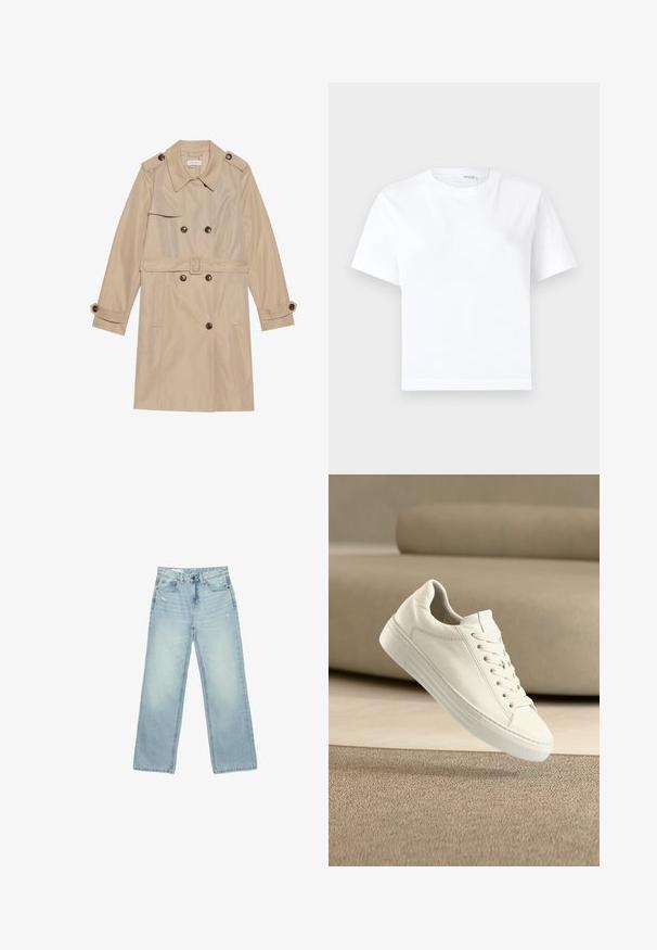 Manteau trench beige en tissu lisse, avec un design croisé, de grands boutons, une ceinture et des poches à rabat.; T-shirt blanc uni en coton à manches courtes, col rond et ourlet droit, présenté sur fond blanc.; Jean taille haute bleu clair à jambes larges, légèrement usé sur les poches avant et les cuisses, fermeture par boutons et design cinq poches.; Baskets en cuir blanc au design classique, avec fermeture à lacets, semelle en caoutchouc plate et détails texturés. Esthétique épurée et minimaliste.