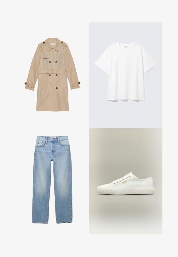 Manteau trench beige en tissu lisse, avec un design croisé, de grands boutons, une ceinture et des poches à rabat.; T-shirt blanc à manches courtes, col rond, coupe décontractée et étiquette "WEEKDAY" à l’intérieur du dos du col.; Jean en denim bleu clair avec une coupe droite, style cinq poches et des détails de couture visibles. Le tissu a une texture douce et légèrement décolorée.; Baskets basses blanches en toile avec semelle en caoutchouc texturée, lacets blancs et petite étiquette Calvin Klein sur le côté.