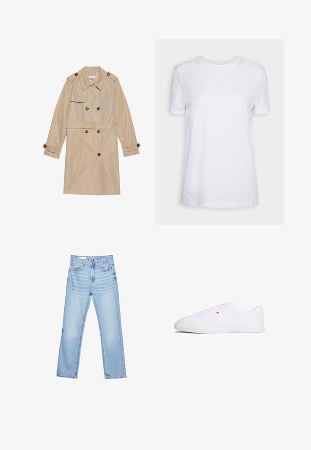 Manteau trench beige en tissu lisse, avec un design croisé, de grands boutons, une ceinture et des poches à rabat.; T-shirt blanc uni à manches courtes, col rond, coupe régulière, avec une petite étiquette à l’intérieur du col indiquant "SELECTED FEMME."; Jean en denim bleu clair à jambes droites avec poches avant, passants de ceinture et fermeture par bouton et zip, présenté à plat sur fond blanc.; Baskets blanches basses à fermeture à lacets avec petit logo rouge, blanc et bleu sur le côté, semelle plate en caoutchouc.