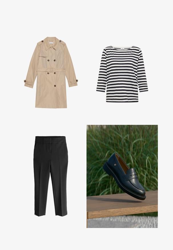 Beige trenchcoat lavet af glat stof, med et dobbeltbrystet design, store knapper, et bælte og klaplommer.; Sort-hvidt langærmet trøje med vandrette striber og rund halsudskæring med et mærke, der står "Cecil" ved kraven.; Sorte skræddersyede bukser med en glat tekstur, der har en bred talje, to sidelommer og slids ved kanten for et moderne udtryk.; Sort læderloafer, der svæver over en træbænk med højt grønt græs i baggrunden.