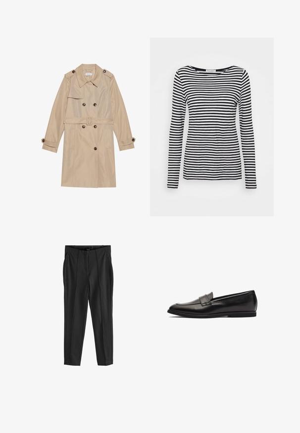 Beige trenchcoat gemaakt van gladde stof, met een dubbele rij knopen, grote knopen, een riem en klepzakken.; Langemouwen, ronde hals T-shirt met een zwart-wit gestreept patroon. Gemaakt van zachte stof met een reguliere pasvorm. Schoon, minimalistisch ontwerp.; Zwarte broeken met een gladde textuur, voorzien van ritszakken aan de voorkant en duidelijke plooien. Minimalistisch ontwerp met een getailleerde pasvorm.; Zwarte leren instapper met een gladde afwerking, ronde neus en dubbele stiksels op de bovenkant. Platte rubberen zool voor comfort.