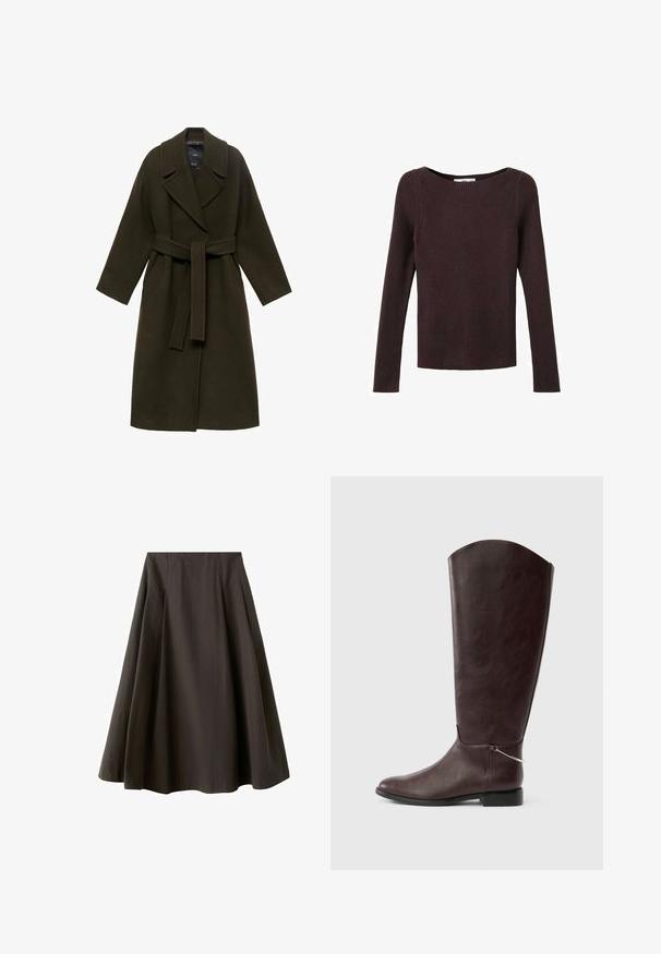 Manteau en laine vert foncé avec un large col, des manches longues, une taille ceinturée et des poches latérales, présentant une coupe droite et une texture douce.; Pull en tricot côtelé marron foncé à manches longues avec un col rond, une coupe ajustée et un motif tricoté lisse et texturé.; Jupe noire trapèze à taille haute avec ourlet évasé, fabriquée en tissu lisse, présentée sur fond blanc.; Botte en cuir marron foncé montant jusqu'au genou, avec un talon plat et un petit charm argenté décoratif près de la cheville sur fond blanc.