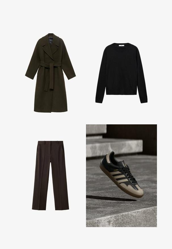 Manteau en laine vert foncé avec un large col, des manches longues, une taille ceinturée et des poches latérales, présentant une coupe droite et une texture douce.; Pull noir à manches longues en matière douce avec un col rond et des poignets côtelés, présentant un design simple et droit.; Pantalon formel brun foncé avec fines rayures verticales, passants de ceinture et poches latérales, présenté à plat.; Baskets en cuir noir et beige avec trois bandes blanches, semelle en caoutchouc beige et détail en or "Samba" sur le côté.