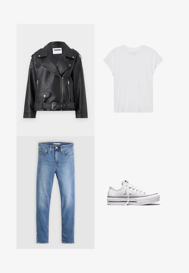 Sort faux læder bikerjakke med sølv lynlåse, bælte i taljen og epauletter. Har krave i bred model og asymmetrisk lynlåslukning foran.; Hvid kortærmet t-shirt med rund hals, afslappet pasform, lavet af blødt bomuldsstof. Glat tekstur, ingen mønstre eller logoer.; Herreblå slim-fit jeans med frontlommer, knaplukning og let falmning på lårene mod en ensfarvet grå baggrund.; Lavtop hvid lærredsneaker med hvide snørebånd, gummisål, sorte stribedetaljer og logo-patch på tungen og hælen.