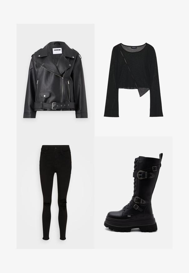 Čierna faux kožená biker bunda so striebornými zipsami, pásom a epauletmi. Má široký golier a asymetrické zapínanie na zips vpredu.; Čierny crop top s dlhým rukávom vyrobený z ľahkej priesvitnej tkaniny. Má okrúhly výstrih a asymetrický lem s jemnou textúrou.; American Eagle SUPER HIGH RISE - Jegíny - black wash; Čierna stredne vysoká bojová topánka s masívnou platformovou podrážkou, šnurovaním vpredu a tromi ozdobnými prackami na boku.