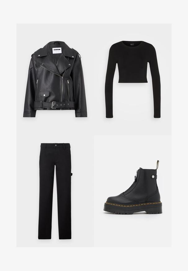 Čierna faux kožená biker bunda so striebornými zipsami, pásom a epauletmi. Má široký golier a asymetrické zapínanie na zips vpredu.; Gina Tricot LONGSLEEVE - Top s dlhým rukávom - black; Čierne nohavice z hladkej látky, navrhnuté s rovnými nohavicami, zapínaním na gombík a bočnou kapsou.; Čierne členkové topánky vyrobené z hladkej kože, so bočným zipsom, žltým prešívaním a hrubou, ryhovanou gumovou podrážkou.
