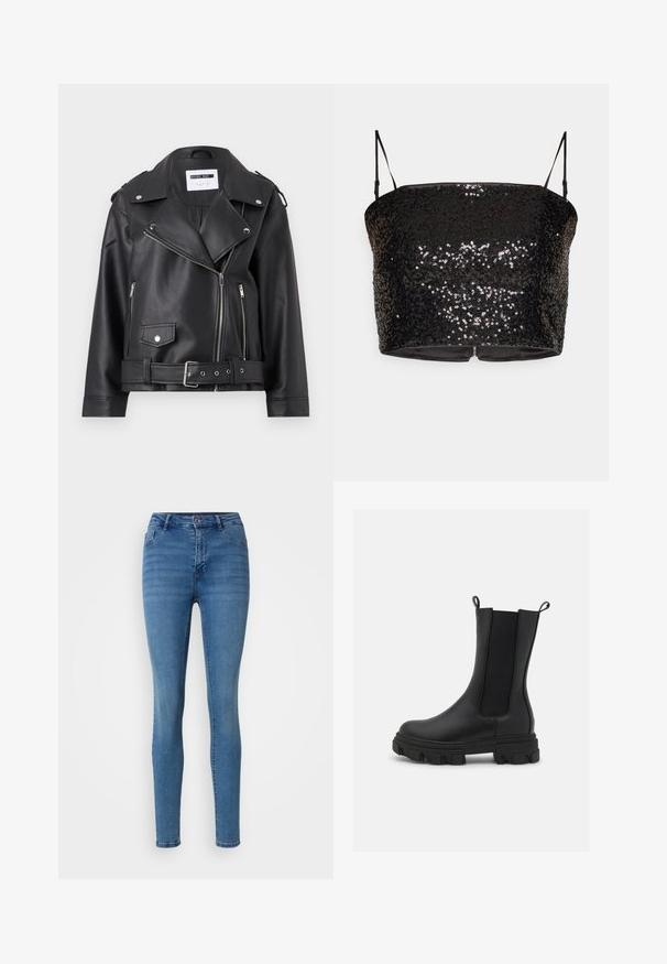 Sort faux læder bikerjakke med sølv lynlåse, bælte i taljen og epauletter. Har krave i bred model og asymmetrisk lynlåslukning foran.; Sort, pailletteret crop top med tynde justerbare stropper, der har en tætsiddende pasform og en lynlås-lukning bagpå. Glat inderside.; Slim-fit blå jeans lavet af denim, med et klassisk fem-lomme design, knaplukning og let falmning for teksturvariation.; Sort Chelsea-støvle lavet af læder og elastisk stof, med en kraftig gummisål med fremtrædende mønster og trækflapper for nem påtagning.