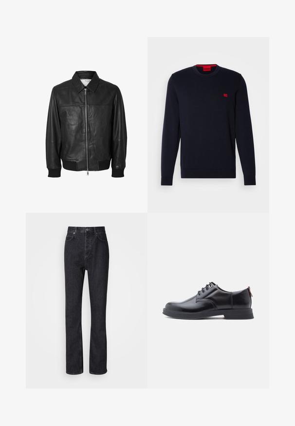 Selected SLHDEON JACKET - Leren jas - black; Marineblauwe gebreide trui met een ronde halslijn, geribde boorden en onderkant, en een klein rood logo op de borst. Gladde textuur, casual ontwerp.; Hoge taille zwarte denim jeans met een knoop- en ritssluiting, voor- en achterzakken en een rechte pasvorm.; Zwarte leren veter schoenen met een gladde textuur, ronde neus en subtiel stiksel detail. Voorzien van een rode trekband op de hiel.