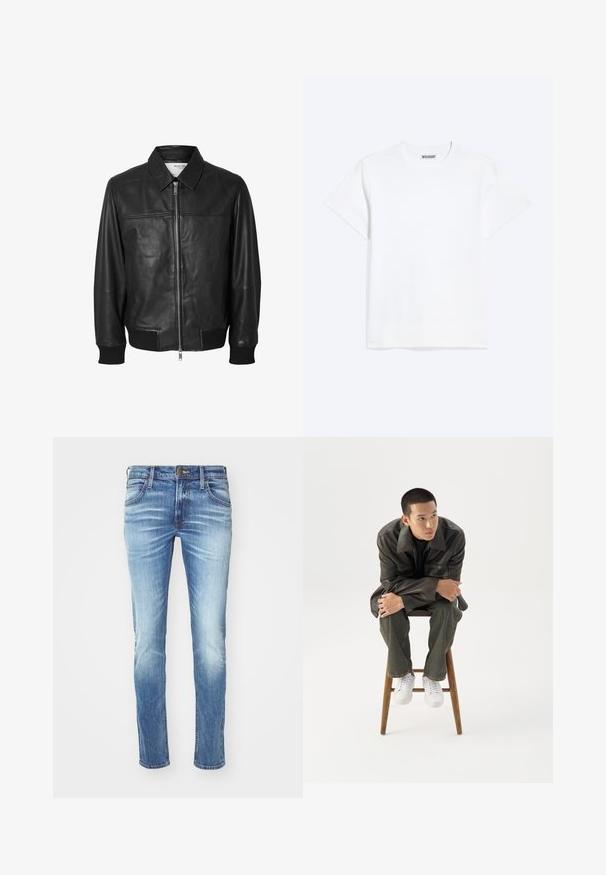 Selected SLHDEON JACKET - Lederjacke - black; Schlichtes weißes T-Shirt mit kurzen Ärmeln und Rundhalsausschnitt mit einem "WEEKDAY"-Label auf der Innenseite des Rückenkraus, dargestellt auf hellem Hintergrund.; Hellblaue Jeans aus Denim mit einem verwaschenen Design, geradem Beinschnitt, Fünf-Taschen-Stil, metallischem Knopfverschluss und Kontrastnähten.; Junger Mann in dunkler Lederjacke und Jeans sitzt auf einem Holzstuhl, lehnt sich mit verschränkten Armen nach vorne und schaut seitlich vor weißem Hintergrund.