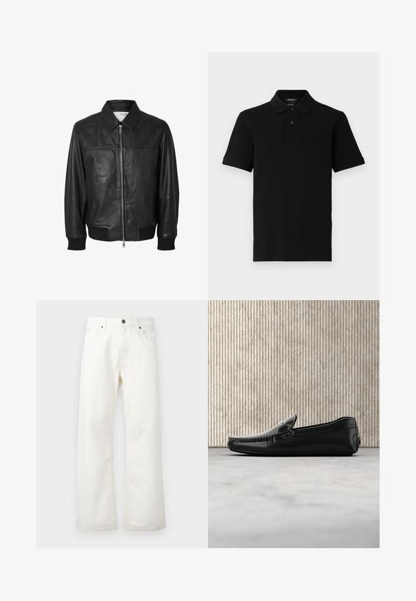 Selected SLHDEON JACKET - Lederjacke - black; Schwarzes kurzärmeliges Poloshirt mit zwei Knöpfen, geripptem Kragen und Bündchen sowie dezent geprägt Logo auf der linken Brust.; Weiße, weit geschnittene Jeans aus Denim, mit einem normalen Taillenbund, Vordertaschen und einem Knopfverschluss. Texturiertes Gewebe mit sauberem Finish.; Schwarze Lederloafers mit glänzender Oberfläche, runder Zehenpartie und dekorativem Metallbesatz an der Front. Flache Gummisohle. Glatte Textur.