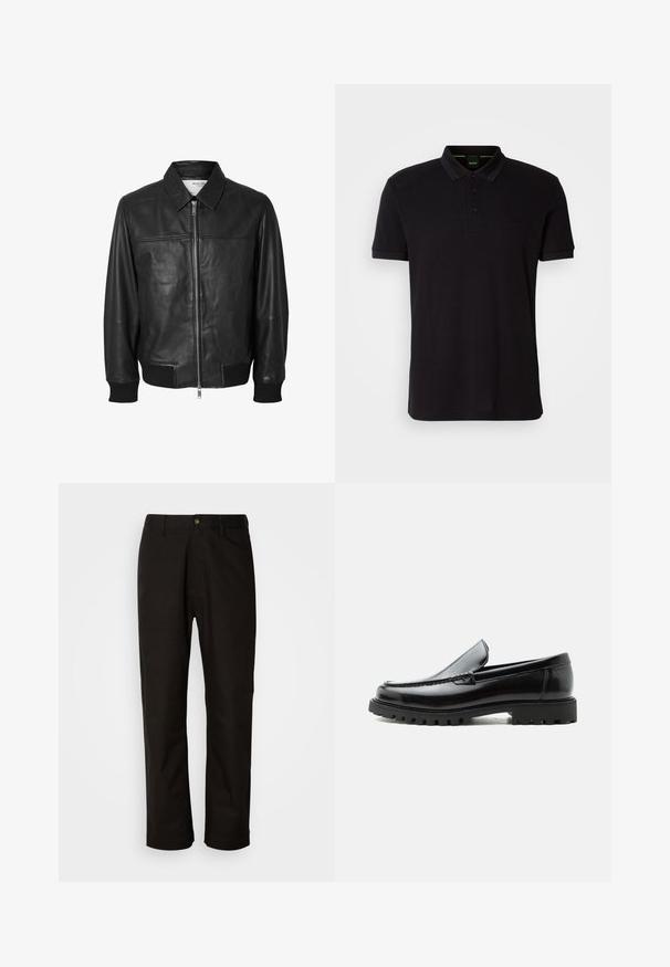 Selected SLHDEON JACKET - Chaqueta de cuero - black; Polo negro hecho de una tela suave, con un collar clásico, tapeta de tres botones y un logo bordado en el pecho.; Pantalones de algodón negros con corte recto, presillas para el cinturón, cremallera frontal y un solo botón de cierre. Textura suave sin patrones visibles.; Mocasín de cuero negro con suela de goma gruesa, empeine cosido y nombre de la marca en relieve en el talón, mostrado en perfil lateral sobre fondo blanco.