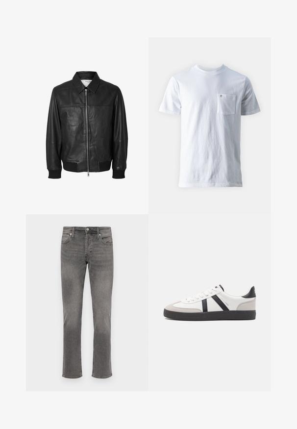 Selected SLHDEON JACKET - Lederjacke - black; Weißes Baumwoll-T-Shirt mit Rundhalsausschnitt, kurzen Ärmeln und einer linken Brusttasche, mit einem kleinen Logo auf der Tasche. Glatte Textur.; Graue Jeans aus Denim mit geradem Bein, Fünf-Taschen-Design, Knopfverschluss und subtilen Waschungen an der Vorderseite.; Weiße Sneaker mit schwarz- und grau-aczenten, ausgestattet mit einer strukturierten grauen Zehenkappe, schwarzer Gummi-Sohle und flachen weißen Schnürsenkeln. Sauberes Design, minimalistische Stil.