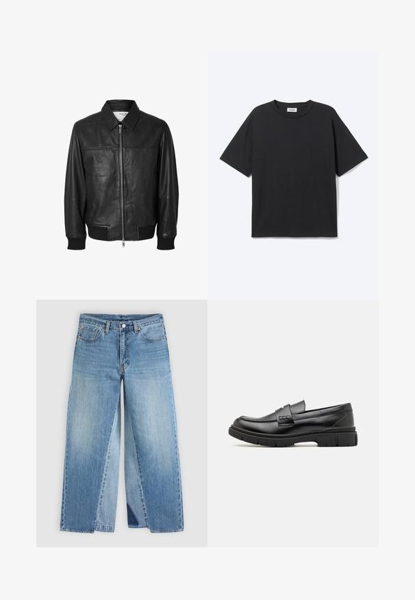 Selected SLHDEON JACKET - Lederjacke - black; Schwarzes T-Shirt mit kurzen Ärmeln und Rundhalsausschnitt in lockerer Passform, Vorderansicht, schlichtes Design und sichtbares Weekday-Label im Krageninneren.; Jeans mit geradem Bein aus blauem Denim, klassischem Fünf-Taschen-Design und vorderem Knopfverschluss, flach auf neutralem Hintergrund dargestellt.; Schwarze Lederloafer mit einem breiten Riemen über dem Rist, Gummisohle mit dicken Profilen und glatter Textur. Klassisches, schlankes Design.