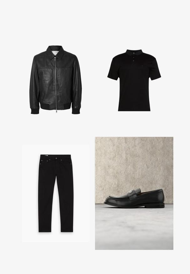 Selected SLHDEON JACKET - Chaqueta de cuero - black; Polo negro de tela suave, con cuello de solapa, tapeta con tres botones y un pequeño logo en el lado izquierdo del pecho.; Jeans negros de pierna recta con bolsillos frontales y traseros, bucles para cinturón y cierre de botón y cremallera, extendidos sobre un fondo blanco.; Mocasín de cuero negro con una placa metálica de marca apoyado cerca de una mesa redonda marrón sobre un suelo alfombrado beige.
